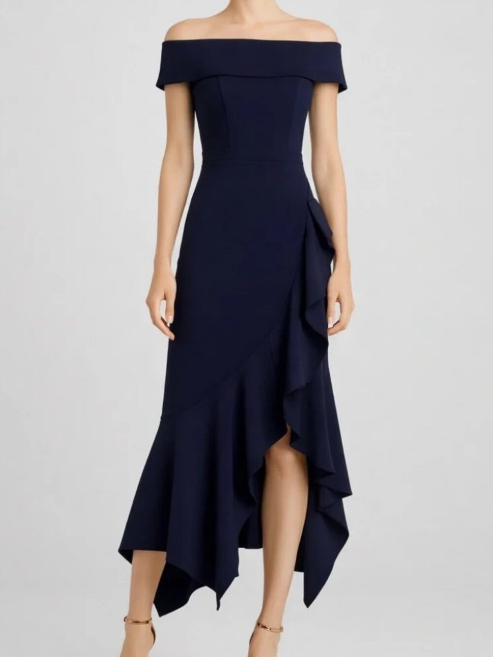 AQUA Navy Off Shoulder Ruffle Midi Dress